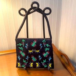 Beaded Satin Black Evening bag-EUC